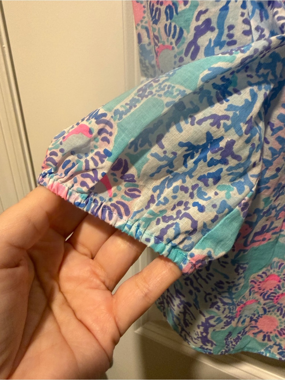 Lilly Pulitzer Turquoise Floral Button-Front Peasant Blouse - Picture 6 of 7